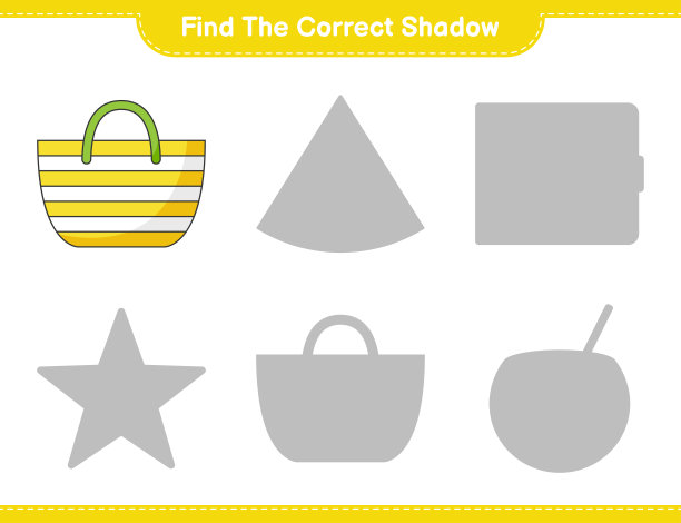 找到正确的影子。找到并匹配正确的沙滩包的影子。教育儿童游戏，可打印的工作表，矢量插图图片下载