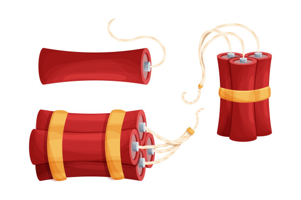 设置炸药棒，炸弹，tnt收集在白色背景上孤立的卡通风格。武器复古游戏元素。爆炸的物体。矢量图图片下载