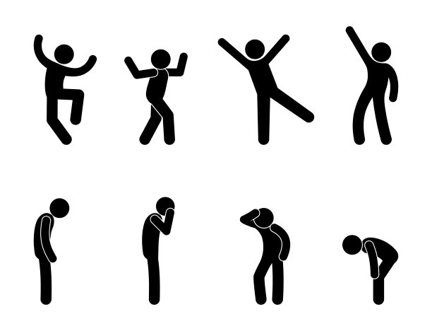 偶像人物的喜怒哀乐，各种情绪都是通过人的姿态来表达的，简笔人物人物孤立的剪影图片下载