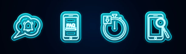 设置线路语音气泡聊天通知，手机常见问题解答信息，秒表和电话诊断。发光的霓虹灯图标。向量图片下载