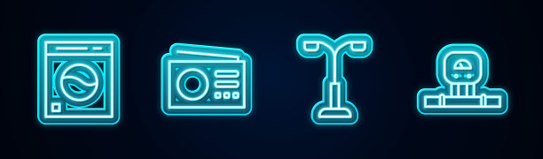 设置线洗衣机，收音机，路灯和智能传感器。发光的霓虹灯图标。向量图片下载