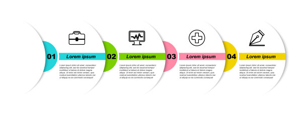 设置线条工具箱，心电图监护仪，圆形医学十字和钢笔笔尖。业务信息模板。向量图片下载