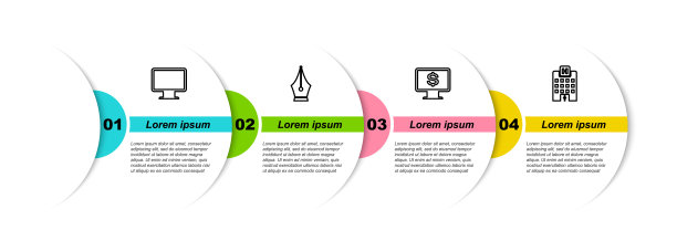 设有电脑显示器屏幕、钢笔笔尖、显示器与美元及医院大楼。业务信息模板。向量图片下载