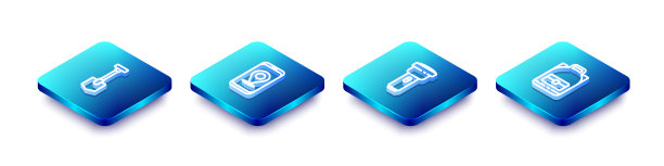 设置等距线铲，城市地图导航，手电筒和徒步背包图标。向量图片下载