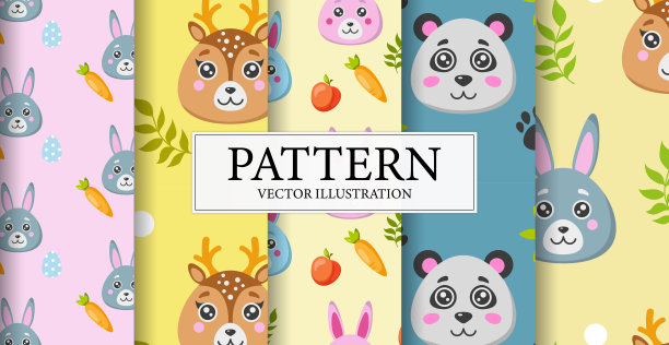 集合5个不同的动物脸模式-向量图片下载