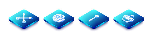 设置等距线中世纪交叉箭头，古老的木制车轮，链环钉球和铁头盔图标。向量图片下载