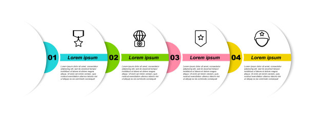 设置线军事奖励奖章，降落伞与急救箱，雪佛龙和头盔。业务信息模板。向量图片下载