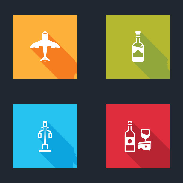 设置平面，酒瓶葡萄酒，路灯和葡萄酒与奶酪图标。向量图片下载
