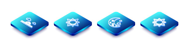 设置等距线日落，月亮和星星和图标。向量图片下载