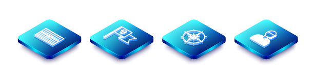 仿古宝箱，骷髅海盗旗，风玫瑰和水手船长图标。向量图片下载