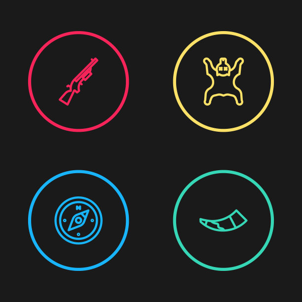 设置直线罗盘，狩猎角，熊皮和猎枪图标。向量图片下载