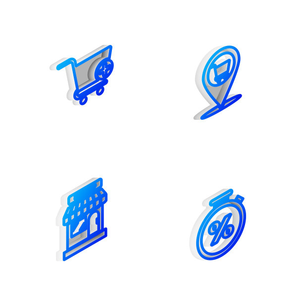 设置等距线位置购物车，添加到购物，市场商店和秒表和百分比图标。向量图片下载
