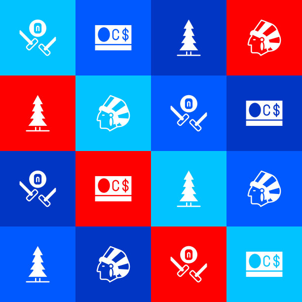 设置冰壶运动游戏，加拿大元，云杉和土著美国印第安人的图标。向量图片下载