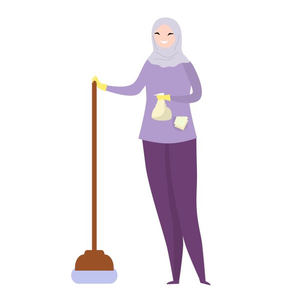 穆斯林清洁女工用拖把和一瓶清洁剂。矢量插图。图片下载