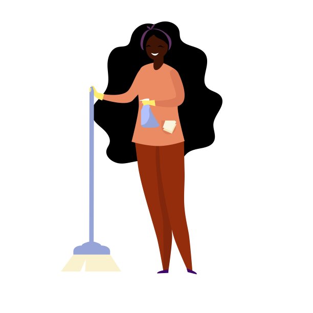非裔美国清洁女工用拖把和一瓶清洁剂。矢量插图。图片下载