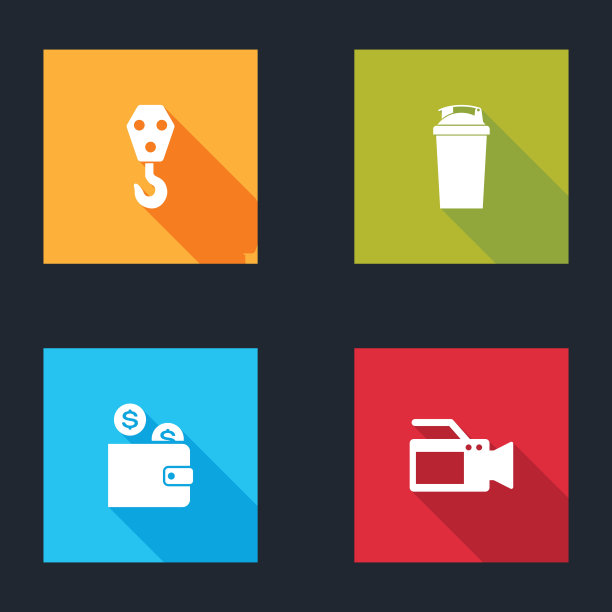 设置工业挂钩，健身摇壶，钱包与硬币和电影相机图标。向量图片下载