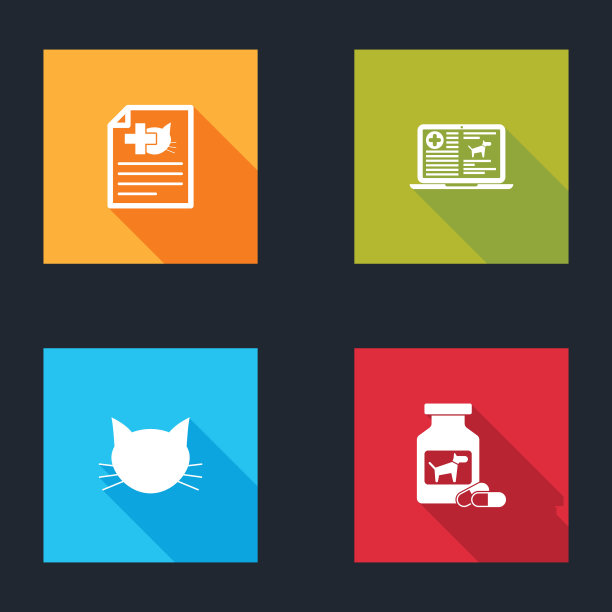 设置狗或猫的医疗证明，笔记本电脑上的临床记录，猫和狗药瓶和药丸图标。向量图片下载