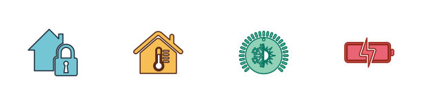 在保护、温度、恒温器和电池图标下设置房屋。向量图片下载
