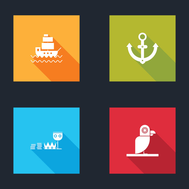 设置船，锚，宝藏和财富和海盗鹦鹉图标。向量图片下载