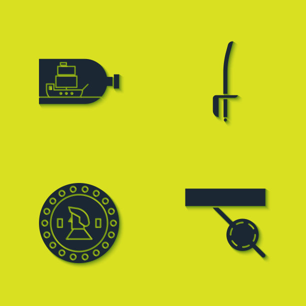 设置瓶子里面有船，海盗眼罩，硬币和剑的图标。向量图片下载