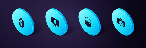 设置等距摄影相机，野营罐，位置的森林和漂流船的图标。向量图片下载