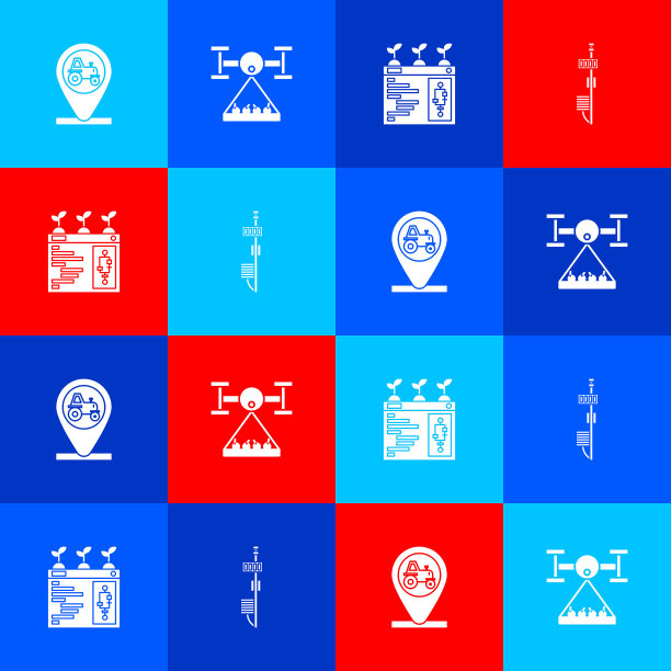 设置拖拉机和位置，智能农场与无人机，农业技术和独立传感器图标。向量图片下载