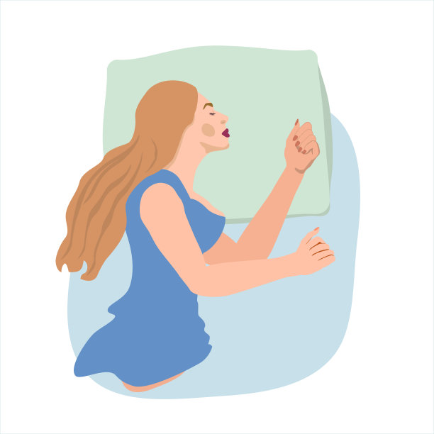 漂亮的女人睡在床上没有毯子。女性卡通人物以舒适的姿势躺在一边。前视图。简单的插图在平坦的风格。图片下载