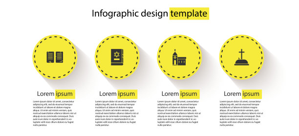 设置戒律，犹太律法书，教堂建筑和十字架墓碑。业务信息模板。向量图片下载