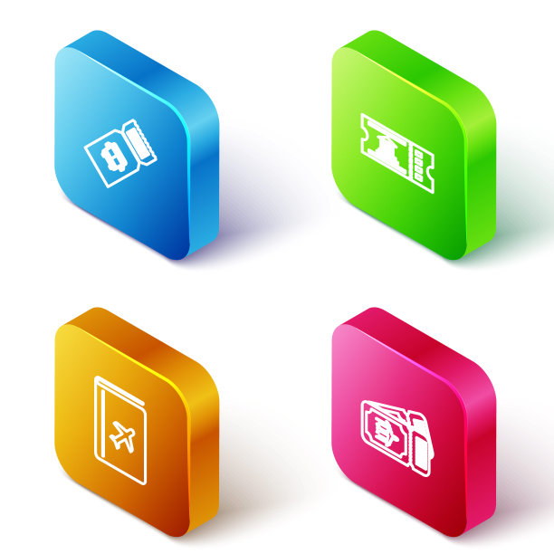 设置等距线巴士票，博物馆，封面书旅游指南和航空公司图标。向量图片下载