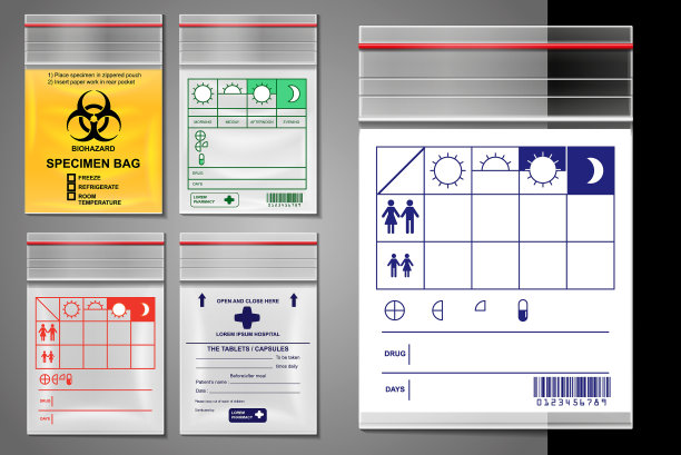 套透明塑料拉链袋或空塑料聚乙烯容器或模拟密封医药塑料袋自粘概念。每股收益向量图片下载