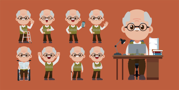 有不同姿势的老人。向量图片下载