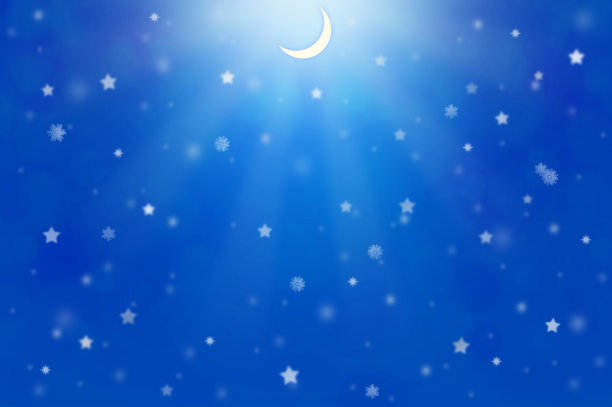 这是下雪，闪亮的模糊新月和星星的背景插图图片下载