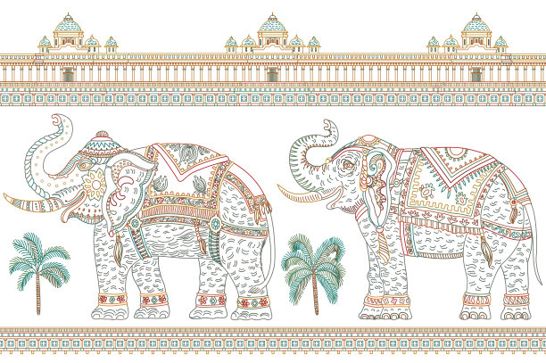 矢量无缝边界图案，华丽的印度大象，热带棕榈树，古色古香的寺庙。白色背景上的彩色细线。成人及儿童涂色本图片下载