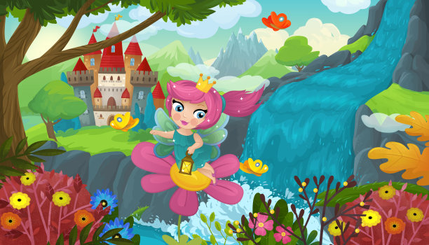卡通场景与自然森林可爱的精灵附近的瀑布和城堡图片下载