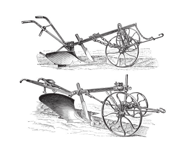 老式犁或犁-老式雕刻插图图片下载