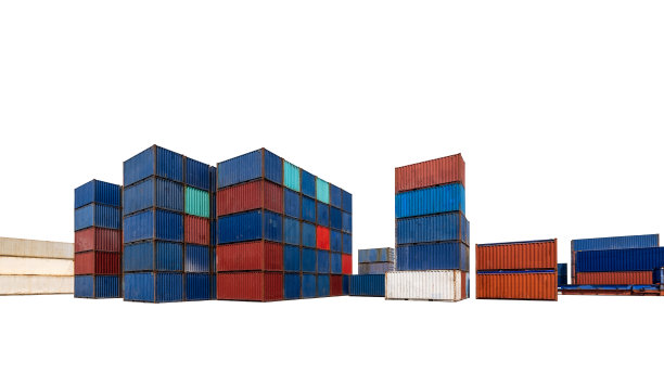 一组对象在一个未加工的集装箱运输仓库堆垛彩色的白色背景隔离广角视图和复制空间图片下载