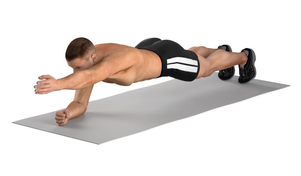 一个健康的人，做肘部平板支撑和手臂伸展运动的3D插图图片下载