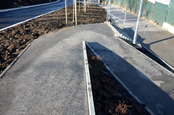 轮椅坡道和楼梯在另一边。带有玻璃栏杆的挡土墙在品味和功能上解决了高度差异。公园里有混凝土栅栏灯的城市楼梯图片下载