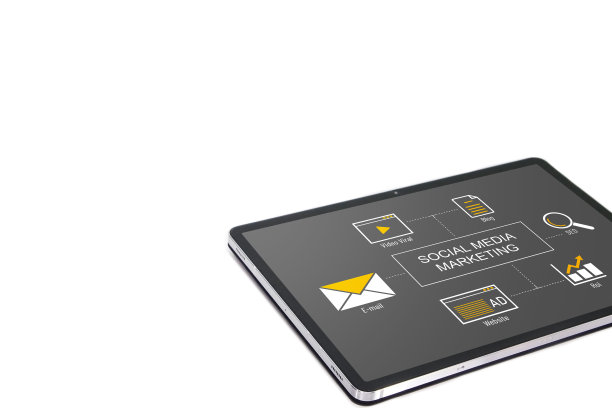 社交媒体营销，平板电脑上的社交媒体广告连接概念图片下载