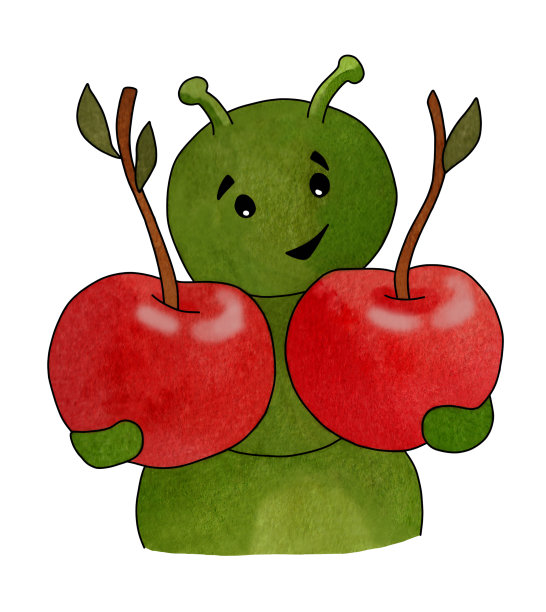 一条绿毛虫抱着两颗成熟的红樱桃图片下载