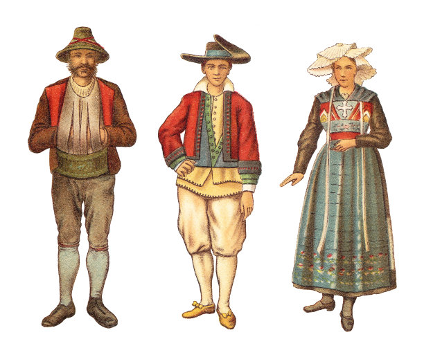 历史时尚-来自奥地利蒂罗尔的农民(左)和来自法国布列塔尼的男人和女人(右)-复古插图图片下载