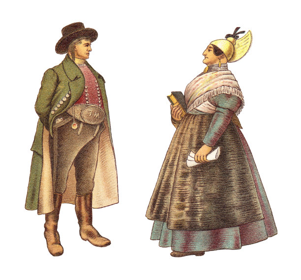 历史时尚-农民和农村妇女从上奥地利(奥地利)-复古插图图片下载