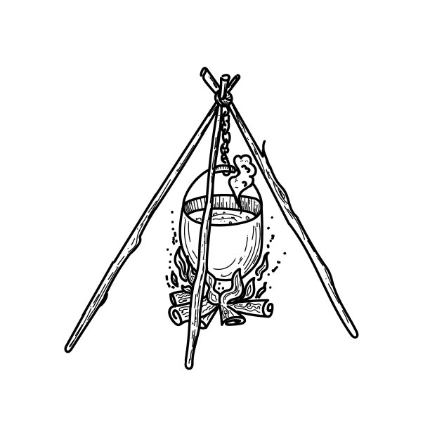 为露营者准备食物的大锅。篝火柴火。露营或露营项目矢量孤立图像上的白色背景。图片下载