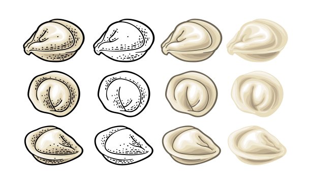 饺子。复古的黑色和彩色矢量雕刻插图。孤立的白色背景。为标签，海报，菜单手绘设计墨水元素图片下载