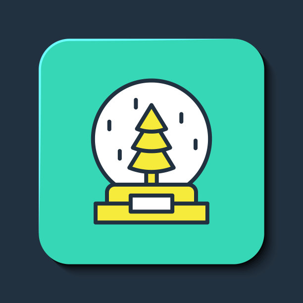 填充轮廓圣诞雪花球与落下的雪和圣诞树图标孤立在蓝色背景。圣诞快乐，恭贺新禧。绿松石平方按钮。向量图片下载