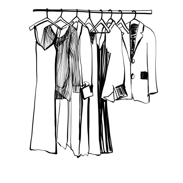 手绘的衣柜草图。衣服挂在衣架上。时尚图片下载