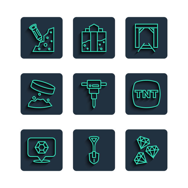 设置线宝石石，铲，矿井入口，施工手提钻，巨型磁铁握铁尘，炸药图标。向量图片下载