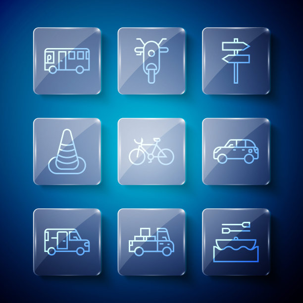 设置线路小巴，送货卡车，船桨，道路交通指示牌，自行车，交通锥，公共汽车和两厢车图标。向量图片下载