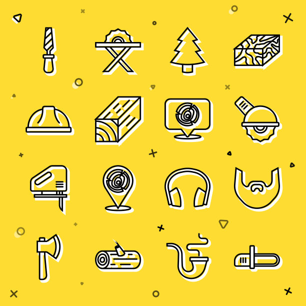 设置线电锯，胡子和胡子，电动圆形，圣诞树，木梁，工人安全帽，锉刀金属文件和原木图标。向量图片下载