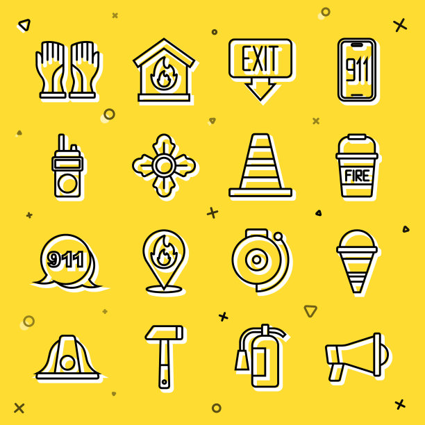 设置线路扩音器，消防锥桶，出口，消防员，对讲机，手套和交通图标。向量图片下载